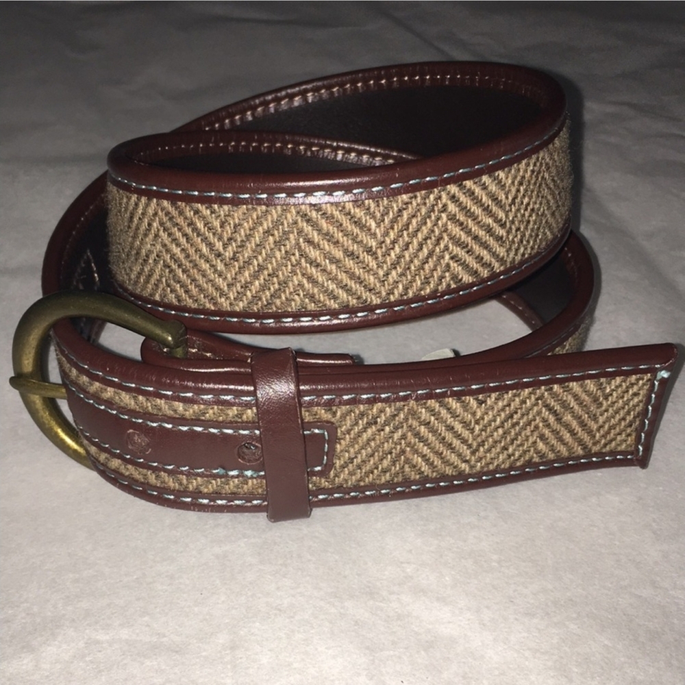 Herringbone woven tan brown blue retro Brass buckle Belt